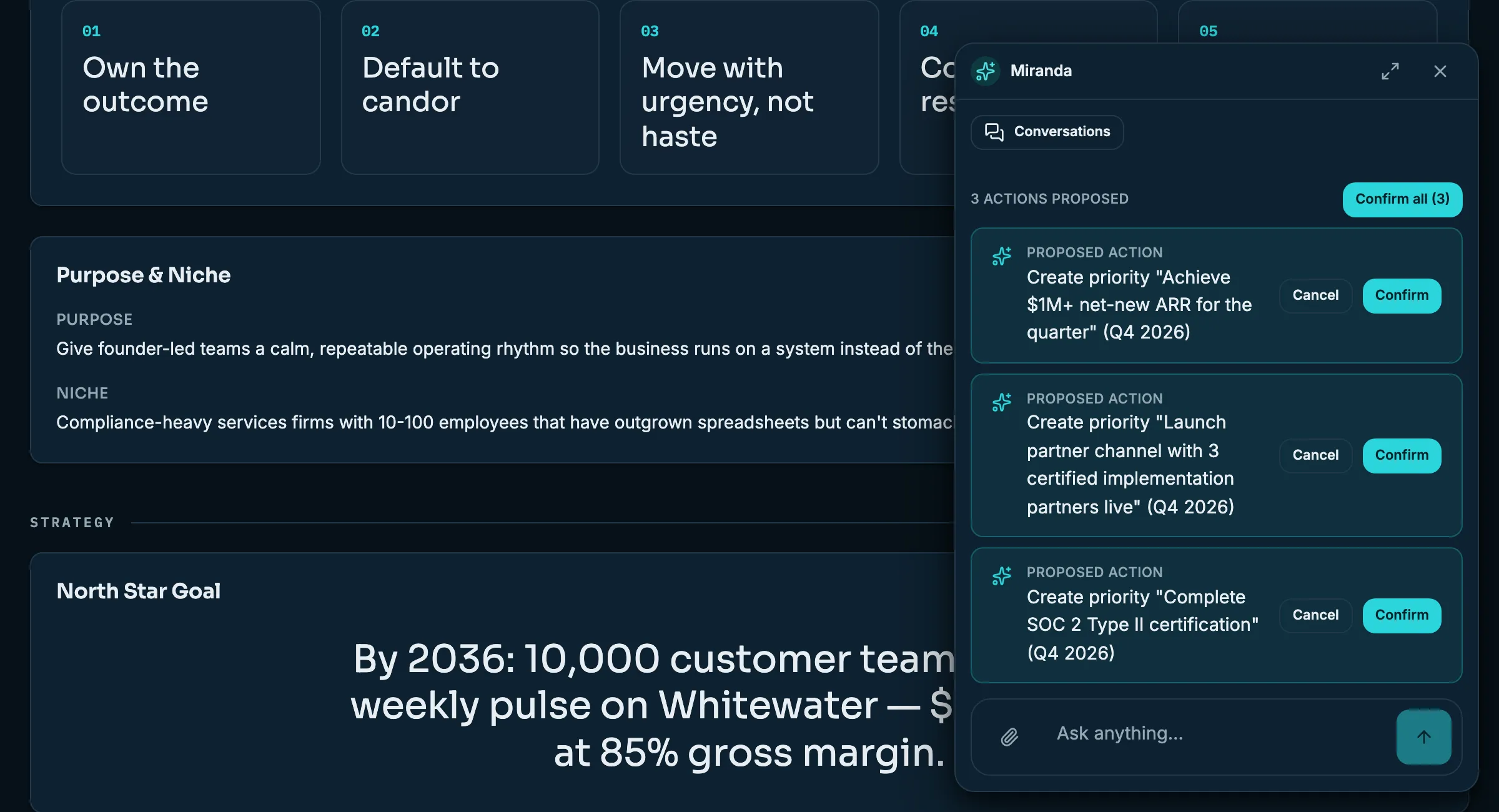 Miranda, the Whitewater OS AI assistant, proposing three drafted priorities with a one-click Confirm all over the Vision Plan page