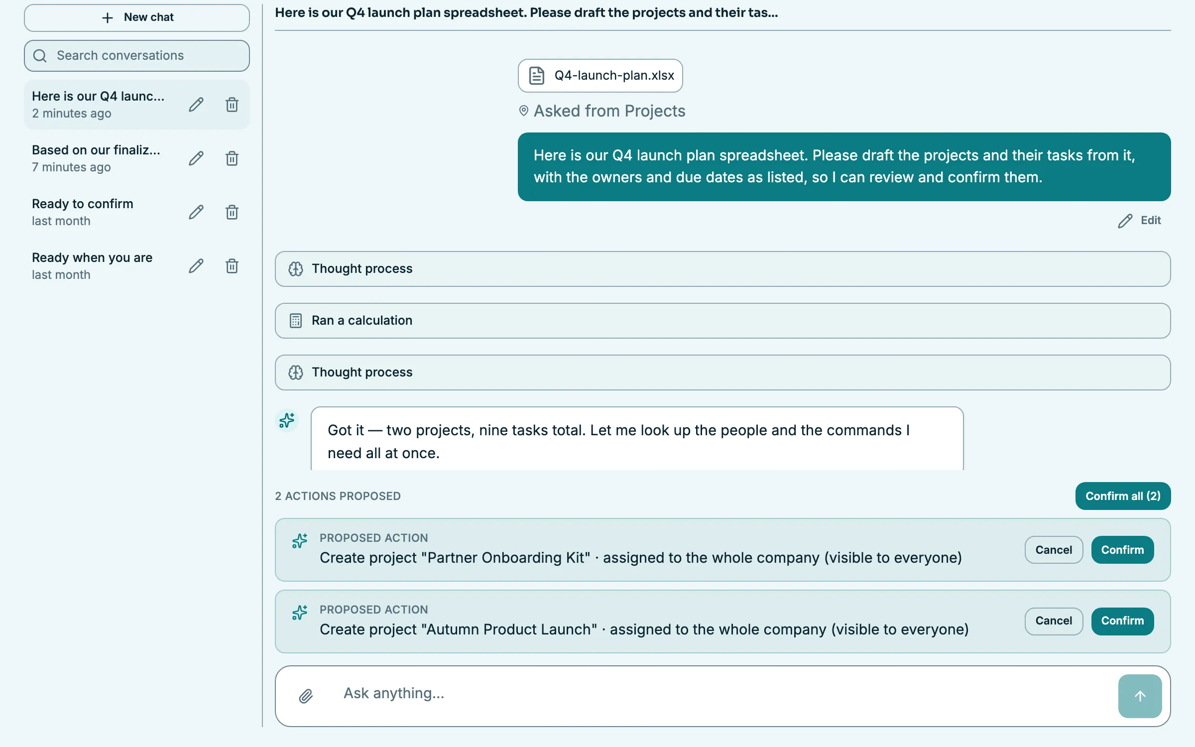 Miranda after a spreadsheet upload: the attached Q4-launch-plan.xlsx and the request to draft its projects and tasks, Miranda reporting two projects and nine tasks read from the file, and two Create project actions staged as proposals behind a one-click Confirm all