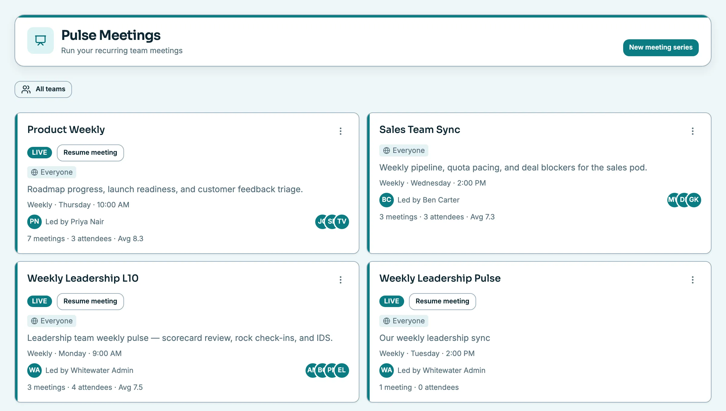 Pulse Meetings in Whitewater OS listing recurring weekly meeting series with leaders, attendees, and average ratings